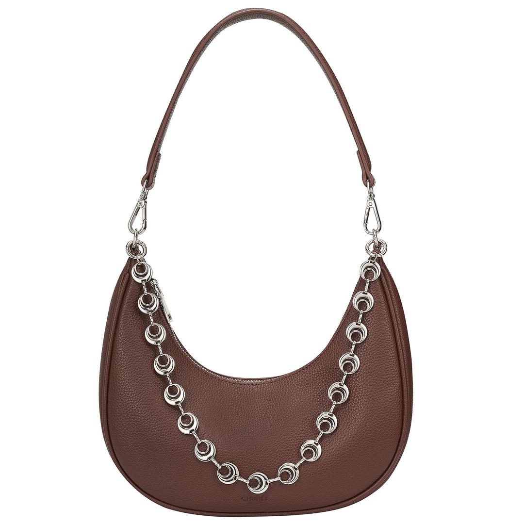 CHUNLI Small Shoulder Bag for Women, PU Leather Crescent Hobo Purses with Silver Chain, Women's Work Casual Evening Handbag, Brown