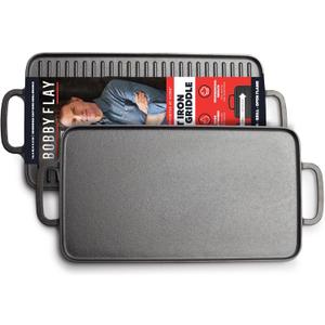 GreenPan x Bobby Flay Cast Iron Pre-Seasoned 16.5 x 9.5 Reversible Double Burner Griddle, Rectangular Grill, Helper Handles, Induction, Versatile Stovetop Oven BBQ & Fire, Indoor & Outdoor Use, Black