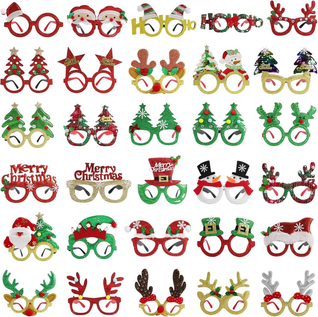 30Pcs Christmas Glitter Glasses Frames for Kids, Christmas Eyeglasses Holiday Party Glasses Frames Christmas Decoration Accessories for Christmas Parties Holiday Favors Photo Booth(One Size Fits All)