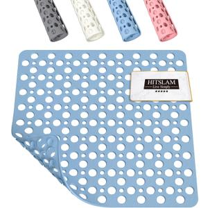 HITSLAM Shower Mat Anti Slip, 21x21 Inch Square Bath Mat for Tub Non Slip with Suction Cups and Drain Holes, Machine Washable Bathroom Shower Stall Floor Mat, Soft on Feet, Blue