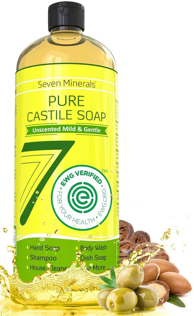Seven Minerals, EWG Verified Castile Soap 33.8 fl oz - No Palm Oil, GMO-Free - Unscented Mild & Gentle Liquid Soap For Sensitive Skin & Baby Wash - All Natural Vegan Formula with Organic Carrier Oils, No BBD