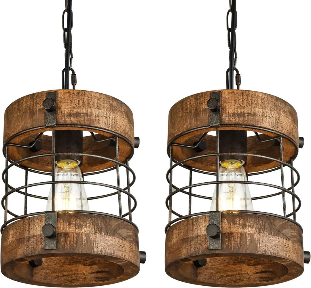 Retro Industrial Metal and Wood Farmhouse Chandeliers, 1-Light Round Cage Pendant Light Fixtures for Farmhouse Kitchen Island Foyer Hallway Bar Dining Room Restaurant, Brown, 2 Pack