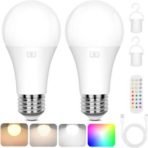 Rechargeable Battery Operated A19 Light Bulb with Remote Control 2 Packs, Dimmable Detachable LED Bulb with 15 Colors Selectable & 3 Timer, Wireless Puck Light Bulb for Wall Sconce, Non-Hardwired