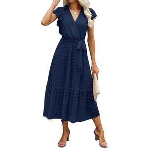 BTFBM Women Summer Bohemian Floral Casual Wrap V Neck Ruffle Cap Sleeveless Belt A-Line Pleated Hem Midi Sun Dress Swiss Dot Navy Blue XXL