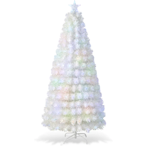 HAPPYGRILL 7FT Pre-lit Fiber Optic Christmas Tree, White Snow-Flocked Artificial Xmas Tree with 270 Branch Tips, 270 Multi-Color LED Lights, Top Star, Fake Holiday Tree for Party Office Home