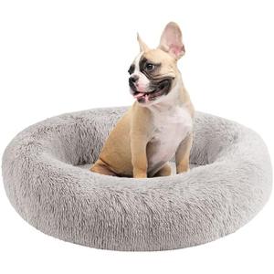Friends Forever Serena Donut Memory Foam Orthopedic Dog Bed, Soft Faux Fur Oval Cat Couch For Indoor Pet, Fluffy Calming Plush Shag, Round Raised Bolster Cushion, Machine Washable Cuddler, Grey (Small (23"x18"x5.5"))