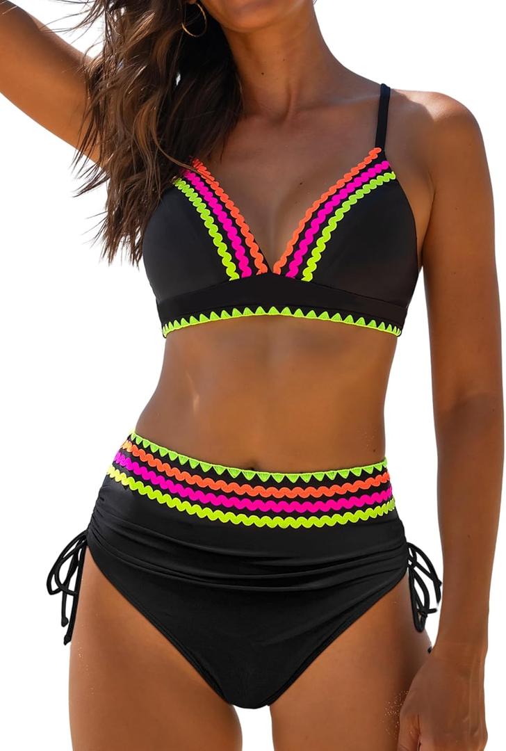 popvil High Waisted Bikini Sets for Women Tummy Control Swimsuit Neon Two Piece Bathing Suit (Large, Black2)