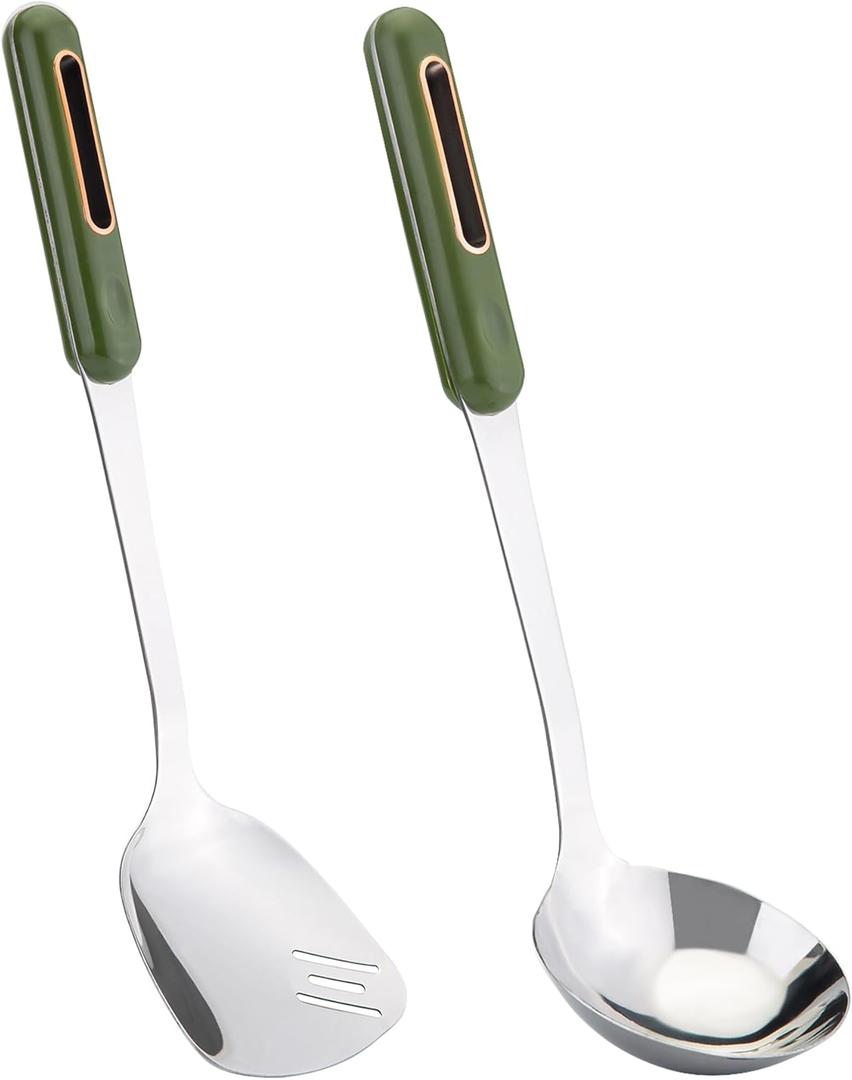 FJNATINH Spatula and Ladle Set - 2 Wok Tools - Universal Ladle and Spatula - Stainless Steel Cooking Utensils and Accessories, 13"-14", Green Handle
