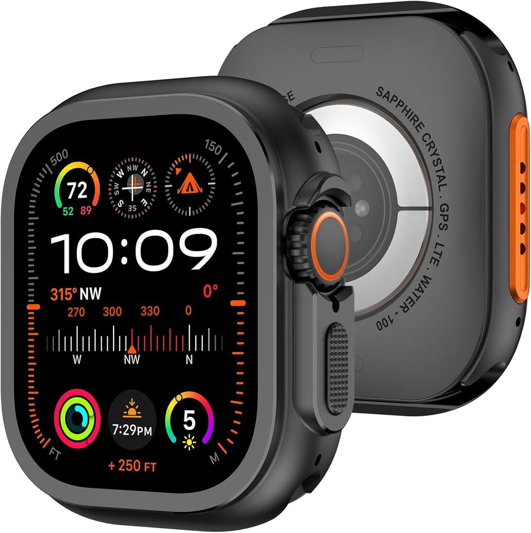 Amizee 2 in 1 Metal Case Compatible with Apple Watch Ultra 3/2/1 49mm with Back Cover, Rugged Shockproof Protective Bumper Cover for iWatch 49mm, Black