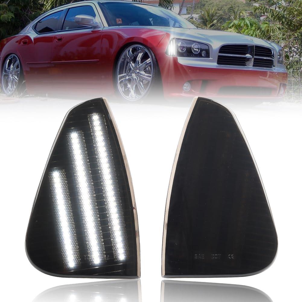 Front Fender LED Side Marker Lights for 2006-2010 Dodge Charger Daytona R/T SE SRT8 SXT, Smoked Lens Side Bumper Marker Lamps, [Ultra-Bright] White LED Side Markers Turn Signal Lights, 2 PCS