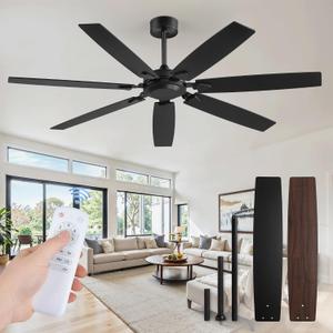 62 Inch Ceiling Fan No Light with Remote Control, Black Ceiling Fans Without Light With 6-Speeds Quiet Reversible DC Motor, Indoor/Outdoor Ceiling Fan with Dual Finish 7 Blades for Patio Living Room