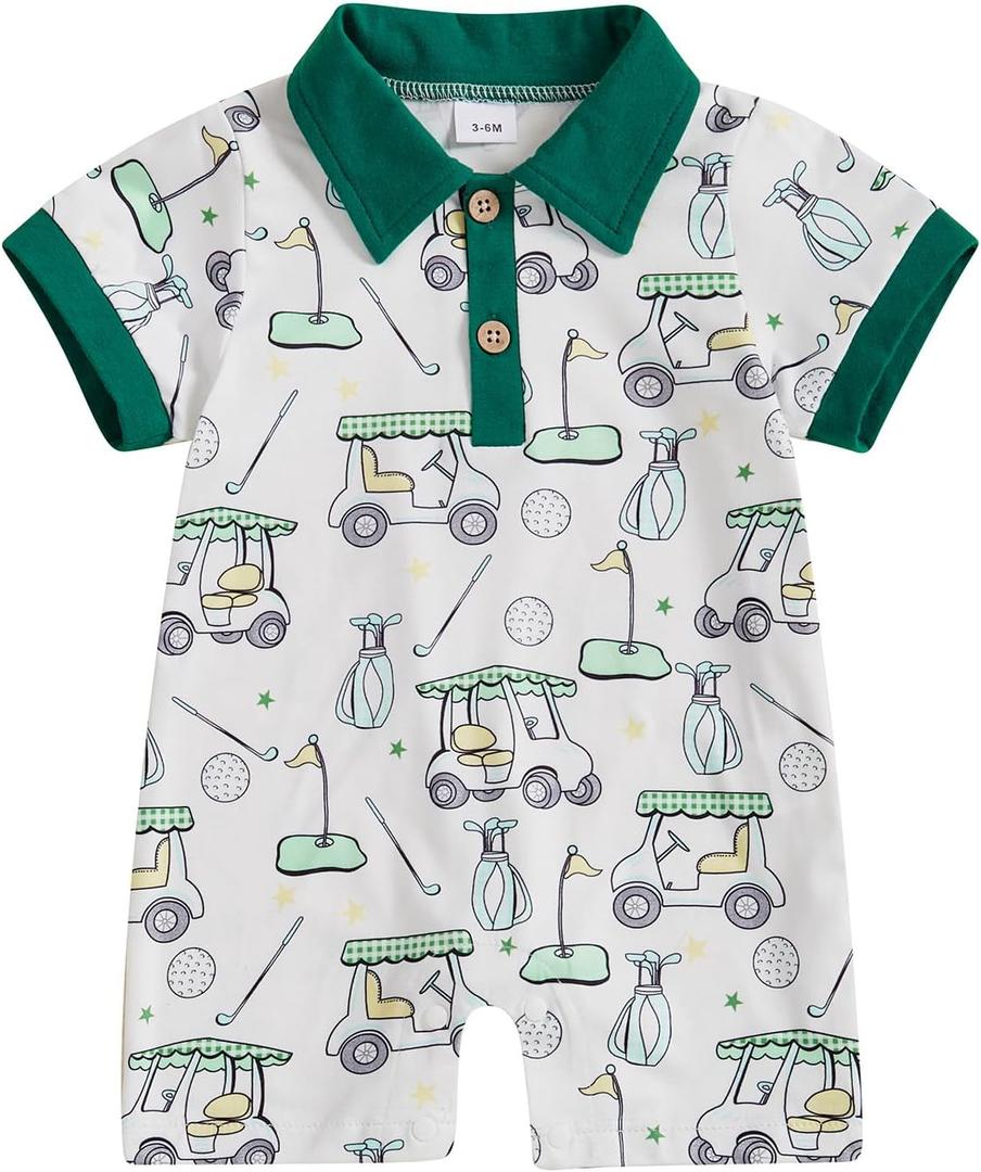 Newborn Baby Boy Golf Outfit Golf Cart Onesie Polo Shirt Romper Short Sleeve Jumpsuit Cute Infant Summer Clothes (3-6 Months, Green)