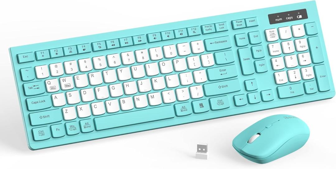 Wireless Keyboard and Mouse Combo, Full-Sized Quiet Wireless Keyboard and Adjustable DPI Mouse, 2.4GHz USB Receiver, Keyboard and Mouse for PC, Windows, Desktop, Laptop (Tiffany Blue and White-B)