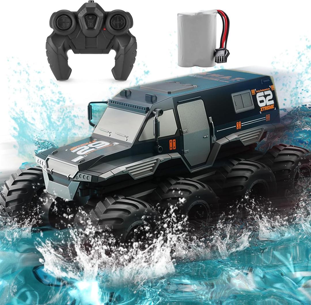 Amphibious RC Truck 1: 12 8WD, 2.4G Off Road Waterproof Large Remote Control Car for Boys, All Terrain RC Car Toys for 7 8 9 10 11 12 Year Old Boys/Girls 4+, Gift Birthday Christmas - Black