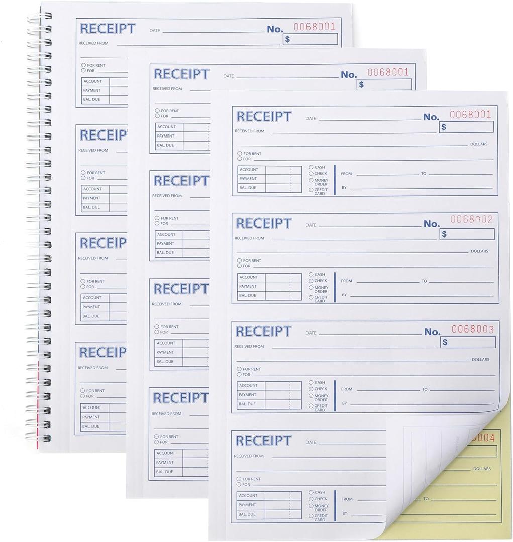 Professional Money and Rent Receipt Book Two Part Carbonless Copy Spiral Bound(3 Packs)