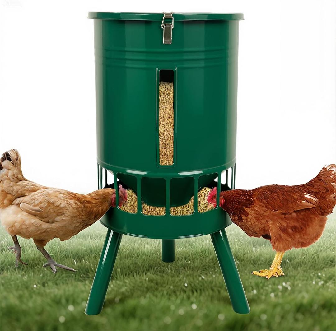 KOL 50LB Metal Chicken Feeder - No Waste, No Clog Design with 16 Ports & Smooth Gravity-Flow, Powder Coated Rust-Proof for Coop Use (Green)