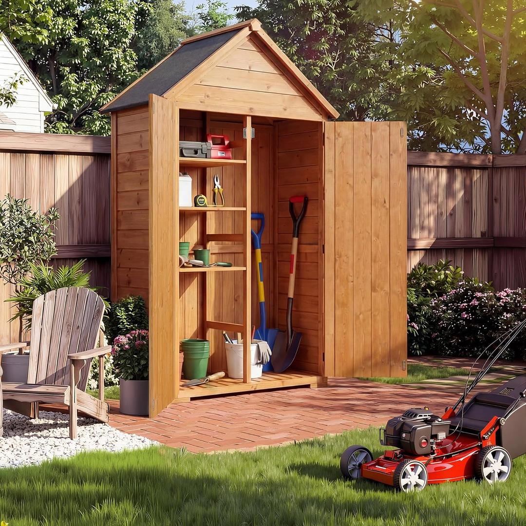 Wooden Outdoor Storage Cabinet with 3 Shelves & Floor - Waterproof Lockable Garden Tool Shed for Patio, Backyard, Deck, Lawn Organization Tall Wood Shed with Floor and Waterproof Roof (Yellow and Black)