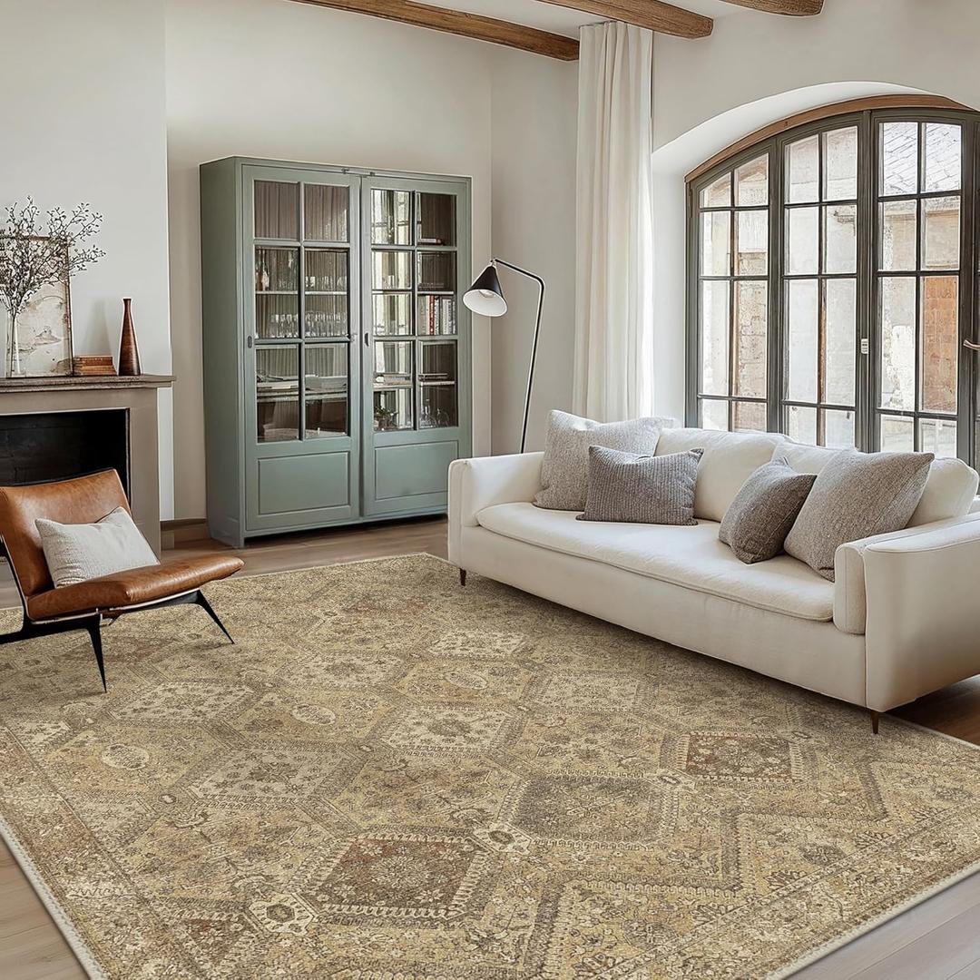 Bavni 10x14 Area Rugs for Living Room, Machine Washable Rug Non Slip, Vintage Chenille Distressed Print Carpet, Large Low Pile Ultra-Thin Lightweight Rugs for Bedroom, Dining Room, Office, Nut Brown