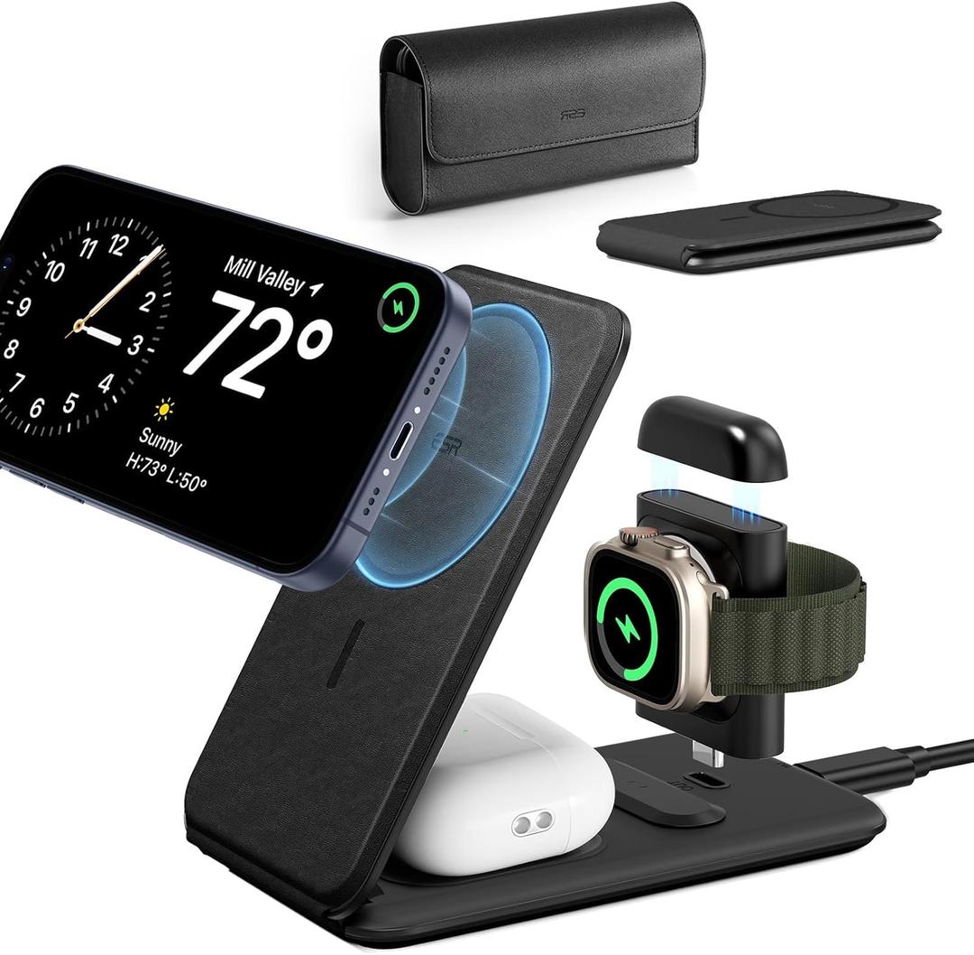 ESR for 3 in 1 Magsafe Charger, Travel Charger Stand Made for Apple Watch Certified, Foldable Charging Station Compatible with Magsafe and iPhone 17e/17/16/15/14/13/12, AirPods 4/3/Pro, Black