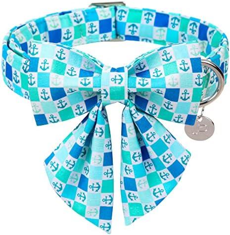 UP URARA PUP Summer Dog Collar with Bow Tie, Comfortable Cotton Dog Bowtie Collar, Cute Plaid Dog Collar for X-Large Girl Boy Dog, Holiday Blue Pet Collar with Durable Metal Buckle, XL
