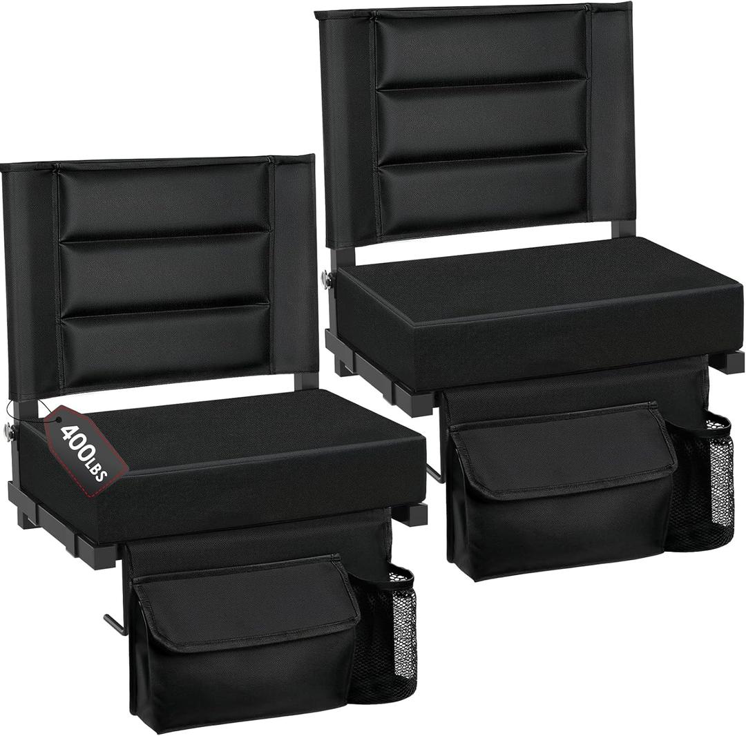 Stadium Seats with Back Support, Portable Bleacher Seat with Extra Thick Cushion, Folding Stadium Chair with Shoulder Strap, Removable Cushion and Storage Pocket for Sports Events