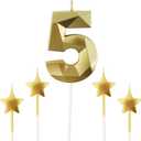 Golden Number 5 & 2.76 inch 3D Diamond Shaped Birthday Candles for Parties & Cake Decorations