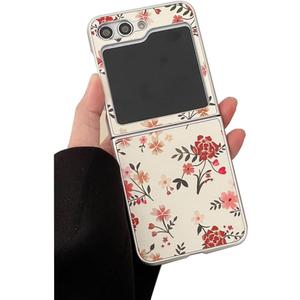 Woman Flower Case for Galaxy Z Flip 5 Cute Design, Vintage Red Floral Case for Samsung Galaxy Z Flip 5 Girly Style, Lovely Protective Case for Z Flip 5 PU Leather Cover
