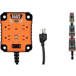 Klein Tools 29601 Magnetic Power Strip with Surge Protector, Extension Cord, 4 Outlets, 3 USB Ports & 32933 Impact Driver, 7-in-1 Impact Flip Socket Set, 6 Hex Driver Sizes