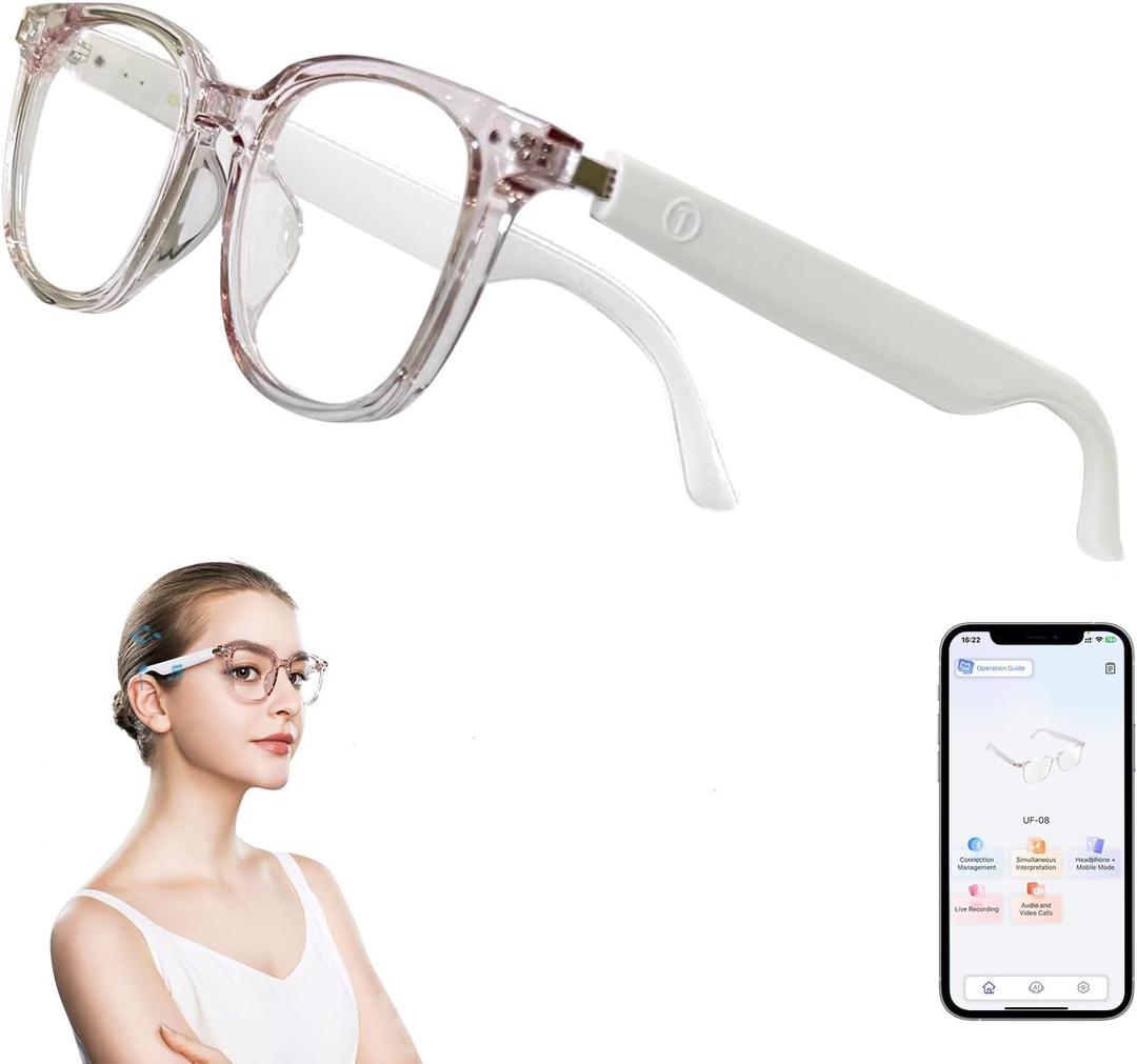 Smart Glasses for Women, AI Translation Bluetooth Glasses, Real-Time Translator, Open Ear Blue Light Filtering Lenses, Supports 165+ Languages, language translator for Traveling Learning(Clear)