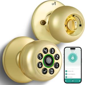 KLLOQUE Fingerprint Door Lock, Smart Fingerprint Door Knob with Keypad, Biometric Door Lock with App Control, Auto Lock Door Lock with Code, Keyless Door Knob with Lock for Bedroom, Home,Office-Brass