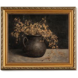 Vintage Gold Framed Wall Art for Home Decor, Farmhouse Rustic Dark Floral Autumn Painting, Moody Warm French Country Cottage Botanical Wall Decor Canvas Artwork for Bathroom, Living Room, Desktop Wall Art decor - 8x10Inch