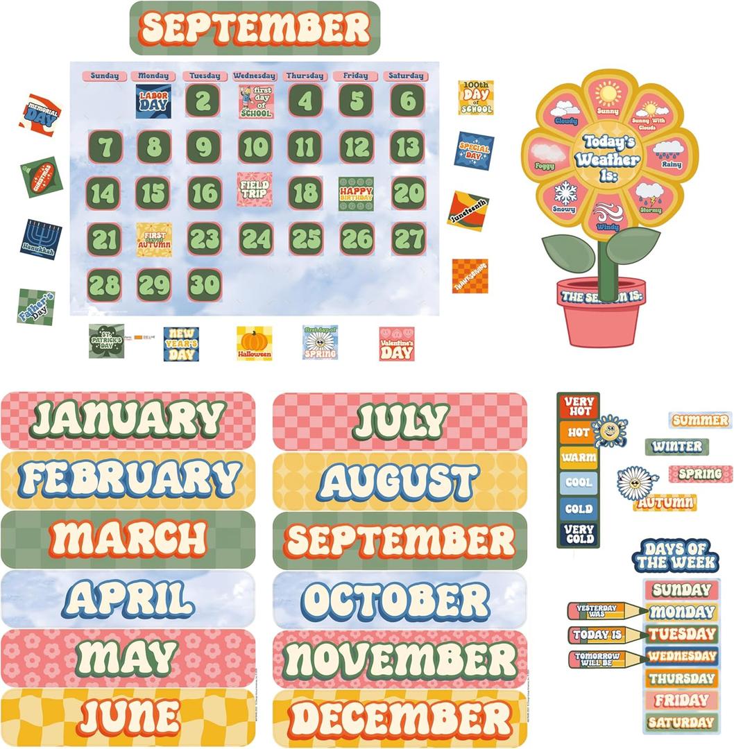 Eureka 847849 S'cool Era Calendar Classroom Bulletin Board Set for Teachers, Multicolor, 100 Pieces