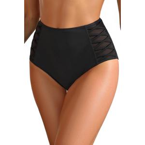 Tempt Me Women High Waisted Bikini Bottom - Tummy Control Swimsuit Full Coverage Bathing Suit Side Mesh Swim Bottom 2025 (Black)