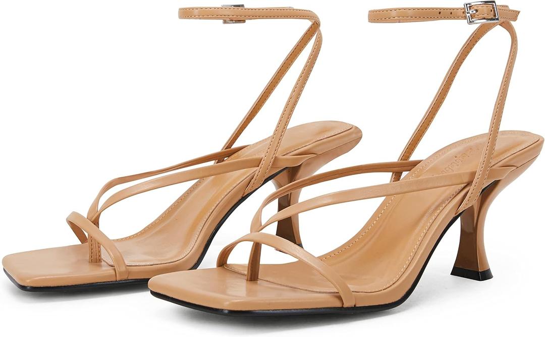 PiePieBuy Women's Lace Up Heeled Sandals Square Flip Flop High Heels Strappy Party Shoes (Size 7.5, Khaki)