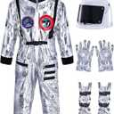 Cuffbow 4 Pcs Astronaut Costume Kids for Halloween, Space Helmet Jumpsuit Gloves Shoe Covers Set for Child Teen Boys (10-12 Years, Silver)