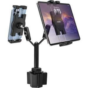 Dual Car Tablet Mount for Cup Holder [Double Device Clamp] Truck Cupholder Tablet Holder with Adjustable Metal Arm for iPad Mini Air Pro, Galaxy Tab, Surface, Fire, Phone, 4-12.9"