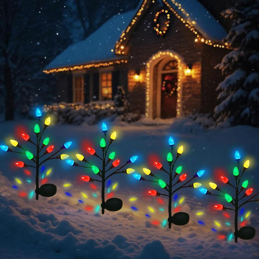 C7 Solar Christmas Lights Outdoor, 4Pack Christmas Pathway Lights with 48 LED Strawberry Multicolor Lights, 8 Modes Outdoor Waterproof Xmas Decorations Lights for Garden,Yard,Pathway (4 Pack)