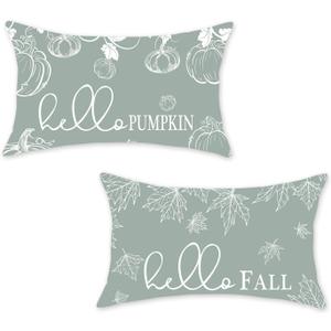 ONWAY Fall Throw Pillow Covers 12x20 Set of 2 Farmhouse Hello Fall Pumpkin Maple Leaves Decorations Outdoor Patio Autumn Seasonal Cushion Cover for Sofa Couch Home Bed Blue