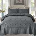 Cmfshape Floral Embroidery Quilt Set,3 Pieces King Quilt Bedding Set,Classic Diamond Pattern Quilts,Ultra Soft Lightweight Reversible Bedspread Coverlets for All Season(Grey,102"x90")