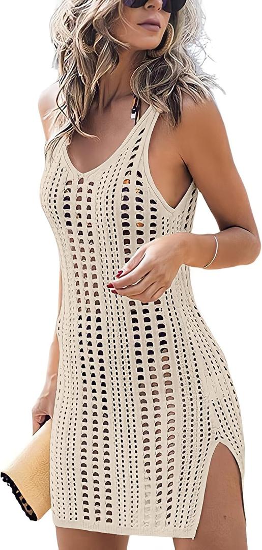 Sulozom Women Swimsuits Cover Ups Crochet Bathing Suit Tassel Bikini Coverup Beach Swimwear (S)