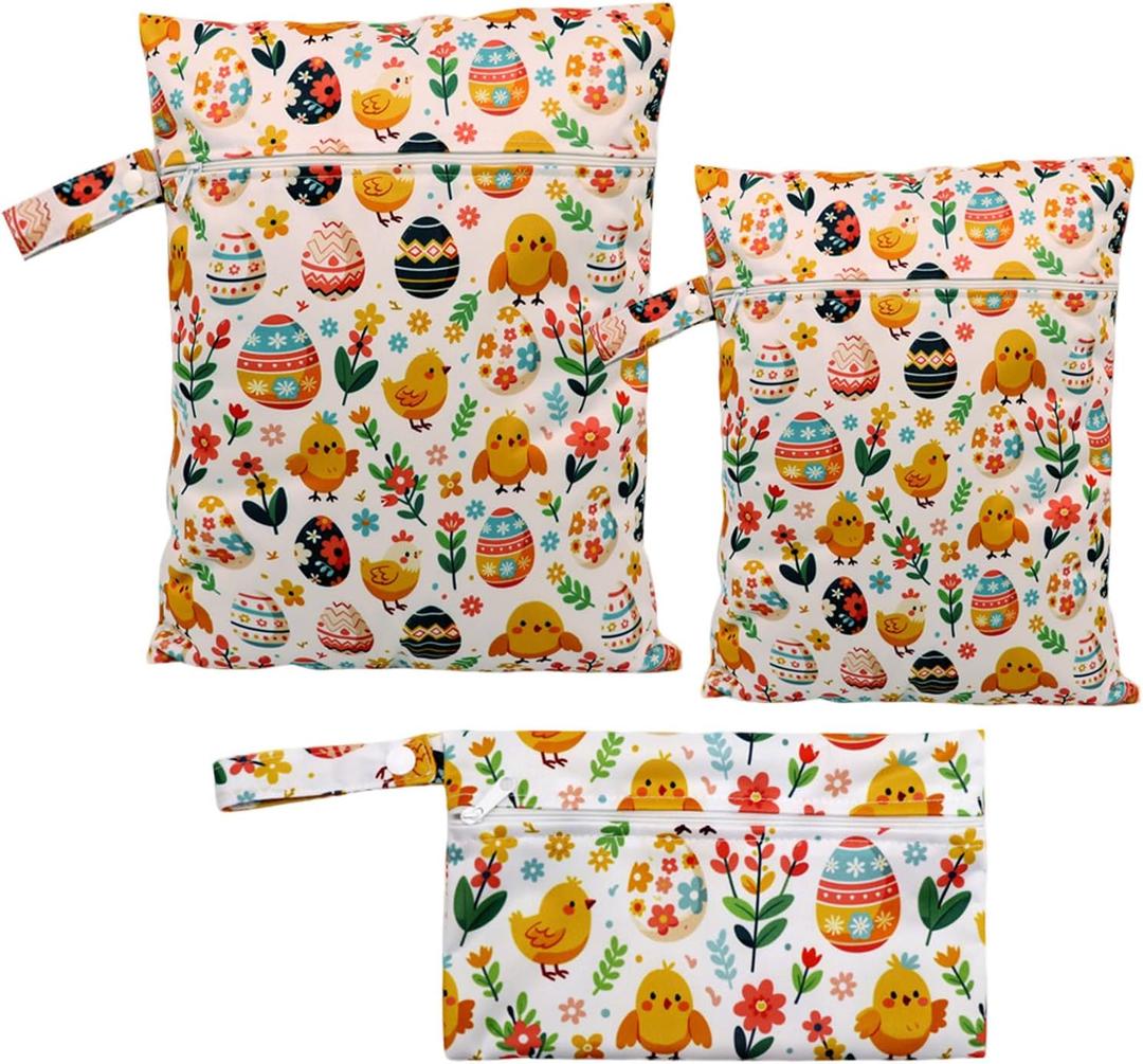 3pcs Cloth Diaper Wet Dry Bags Waterproof Reusable with Two Zippered Pockets Travel Beach Pool Daycare Soiled Baby Items Yoga Gym Bag for Swimsuits or Wet Clothes (PENGUIN)