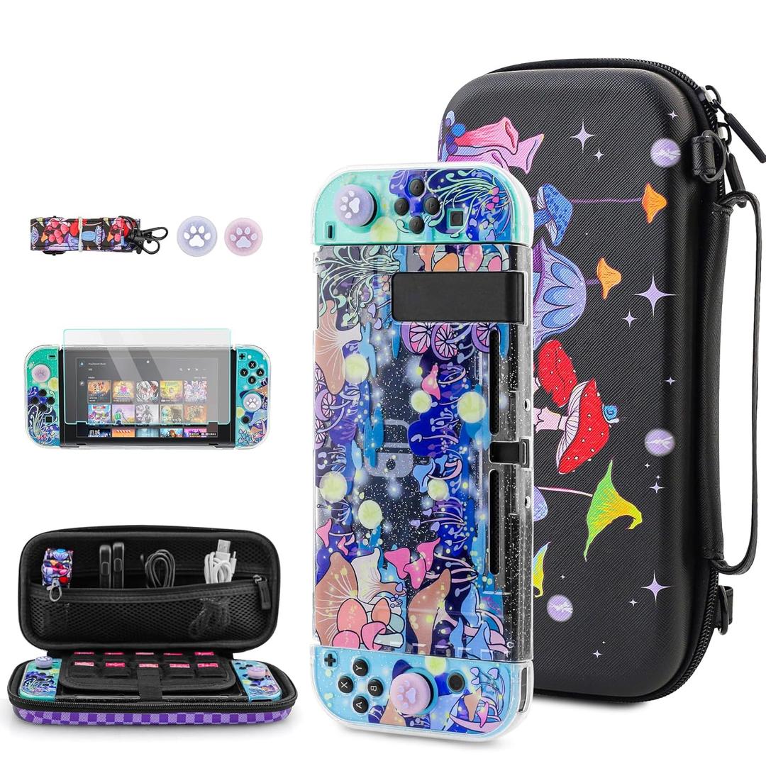 FUNDIARY Black Carrying Case for Nintendo Switch, Cute Mushroom Accessories Bundle for Switch Console with Travel Case Pouch, Dockable Protective Cover, Screen Protector, Shoulder Strap & 2 Thumb Caps