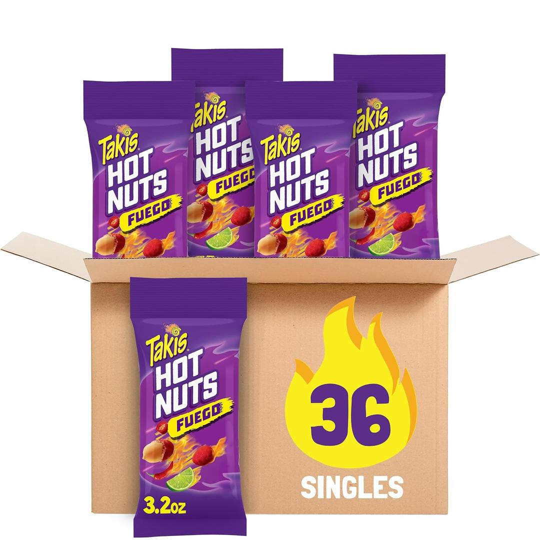 Takis Fuego Hot Nuts 36 Pack / 3.2 oz Snack Size Case, Hot Chili Pepper & Lime Flavored Extreme Spicy Double-Crunch Peanuts (EXP 06/26/26)
