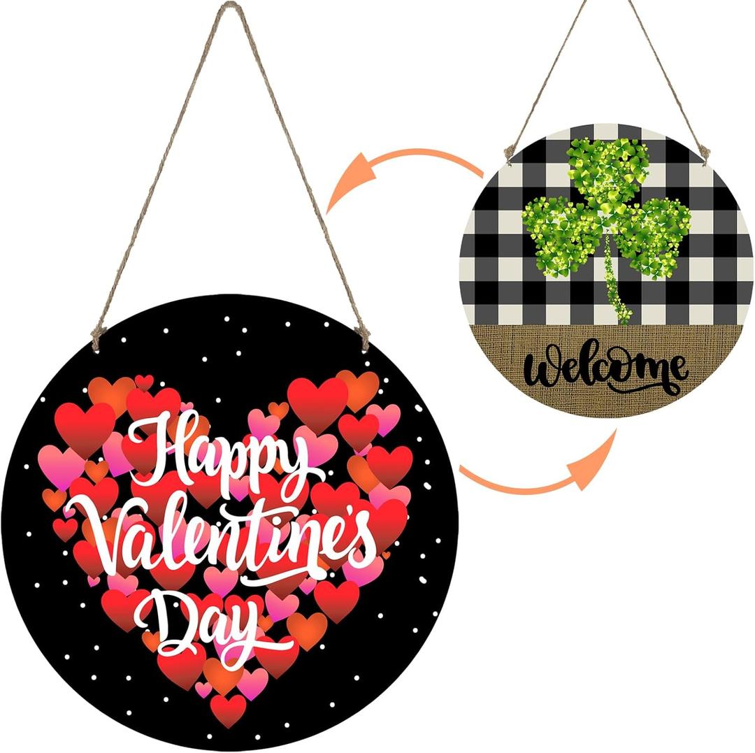 2 x Reversible Valentines Day Door Decorations St Patricks Day Wreath Happy Heart Wreath Shamrock Hanging Sign Wooden Front Door Hanger for Porch Wall Indoor Home Decor