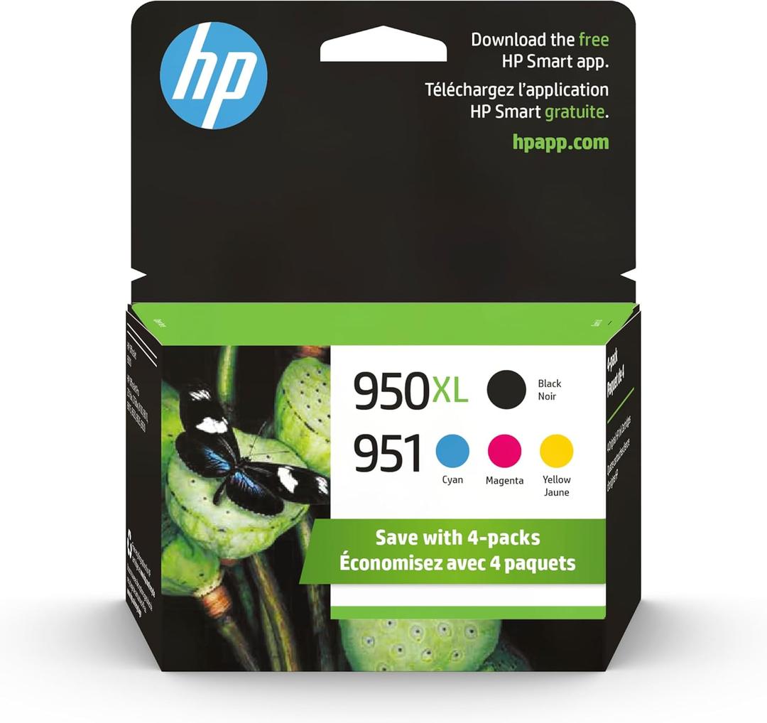 HP Original 951 Cyan, Magenta, Yellow / 950XL Black Ink Cartridges (4-Pack) | Works OfficeJet 8600 Series OfficeJet Pro 251dw, 276dw, 8100, 8600 Series | Eligible for Instant Ink | C2P01FN