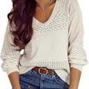 SHEWIN Women's Sweaters Casual Long Sleeve V Neck Lightweight Crochet Pullover Sweater Tops, XXL A White