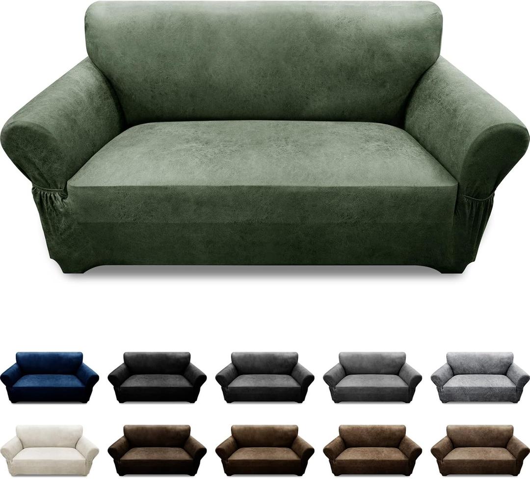 Loveseat Sofa Slipcover Leather Look Couch Covers for 2 Seater Couch Sofa 1-Piece Sofa Cover Stretch Furniture Protector with Elastic Bottom & Pockets(Loveseat, Army Green)
