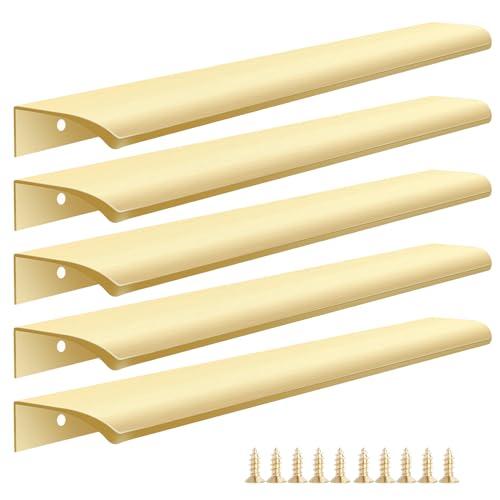 Malimali 5 Pack Gold Edge Finger Pulls for Wardrobes Cabinets 11.81" Kitchen Cabinet Pulls Handles Drawer Pulls Modern Aluminum Concealed Tab Pulls for Closet Door, Brushed Brass