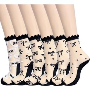 LOHO WONDERZ 6 Pairs Bow Sheer Socks, Cute Ruffle Frilly Lace Socks for Women Girls Summer Thin Sock (US, Alpha, One Size, Regular, Regular, Black Bow)