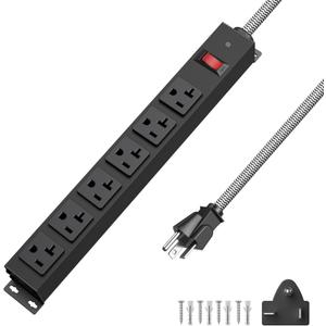 HEZI 20 Amp Power Strip with 5-20P/T- Plug, Heavy Duty High Amp Metal Surge Protector, Mountable Industrial Power Strip with 6AC Outlets(5-20R) and Circuit Breaker, 6FT 12AWG Extension Cord